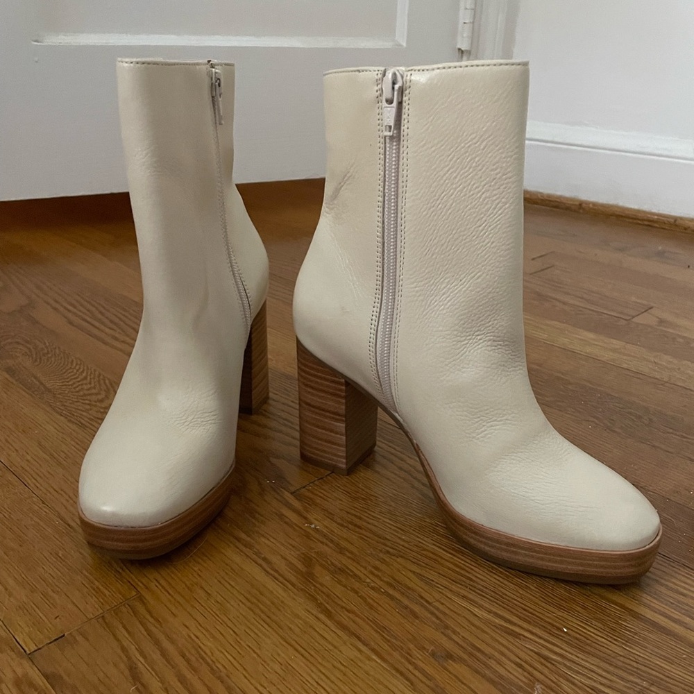 Anthropologie cream platform booties with stacked heel